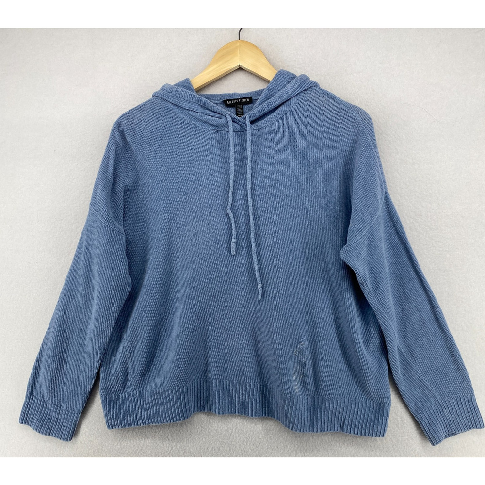 EILEEN FISHER Sweater M Organic Cotton Chenille Hoodie Pullover Jumper Blue